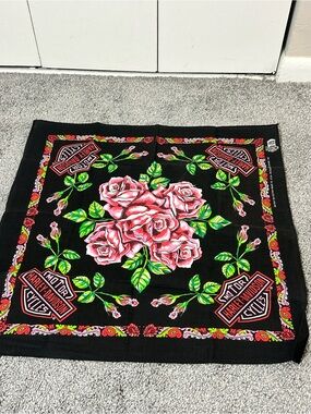 Vintage Harley-Davidson Pink Rose Bandana - 90s Biker Scarf